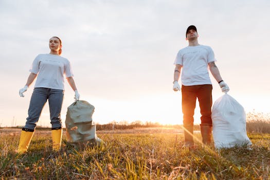 Two environmentalists cleaning a field at sunset, promoting eco-friendly practices.